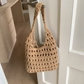 Bolso de hombro de ganchillo caqui hecho a mano con textura calada y forro - Caqui