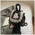 Mini pink polka dot backpack in black leather with lace edges and a cute puppy patch - Black