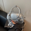 Metallic silver PU leather bowling bag with top handles and a metal lock charm - Silver (With Pendant)