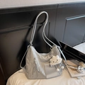 Shiny silver metallic tote bag with crinkled texture and plush cloud charm accessory - Silver