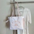 Japanese style white tote bag with black dots and cute pink rabbit embroidery design - Pink