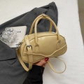 Retro cream yellow leather bowling handbag with adjustable shoulder strap and metal zipper - Yellow Without Pendant