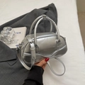 Silver metallic vintage bowling handbag with adjustable crossbody strap and double handles - Silver No Pendant