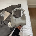 Silver crescent clouds bag with scrunchie handle and removable silver metal chain - Silver (With Pendant)