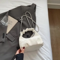 Close-up of a white pleated cloud bag with a silver chain strap on a white sheet - Rice White (No Pendant)