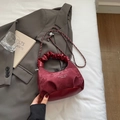 Elegant wine red pleated cloud bag with velvet texture and metal chain strap - Wine Red Without Pendant