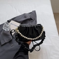 Fashionable black ruched cloud bag with large pearl chain and soft leather texture - Black