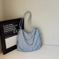 Detail of light blue nylon shoulder bag with silver chains and white pearl pendants - Blue Without Charm