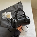 Glossy black pleated Boston bag with silver lettering and adjustable crossbody strap - No Pendant / Black
