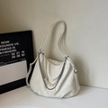 Detail of white tote bag featuring textured leather, silver metal chain and pearl ornaments - Rice White (No Pendant)