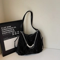 Close-up of black pleated tote bag with decorative pearl chain and silver metal hardware - Black without Pendant