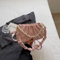 Chic pink cloud-shaped pleated crossbody bag with elegant pearl handle and strap - Pink