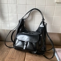 Bolso tote retro de cuero encerado negro de gran capacidad con herrajes plateados - Negro