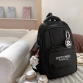 Modischer schwarzer Rucksack mit großem Fassungsvermögen, Bärenanhänger und Aufdruck - Schwarz Mit Anhänger