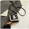 Black mini crossbody bag with white puppy embroidery and pink pleated tulle trim detail - S / Black