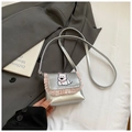 Silver mini crossbody bag with pink ruffled trim and a cute puppy cartoon applique - S / Silver