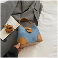 Blue denim and brown leather bucket bag with gold hardware and a long crossbody strap - Dark Blue