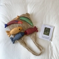 Retro knit tote bag with five colorful fish charms including red and green knitted textures - Khaki