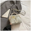 Light gray bucket bag with elegant silk scarf handle and golden hardware details - Gray