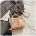 Pink matte leather bucket bag with silk scarf handle and adjustable strap - Pink