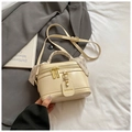Beige patent leather bucket bag with checkerboard silk scarf handle and strap - White
