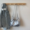 Chic silver metallic pleated hobo shoulder bag with knot detail and metal chain strap - Silver No Pendant