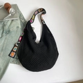 Black crochet hobo shoulder bag with colorful sunflower strap for casual beach vacations - Black