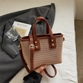 Mini-Eimerbeutel gewebt in Beige und braunem Leder mit verstellbarem Schultergurt - Khaki