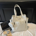 Cream canvas tote bag with drawstring closure and small round pouch accessory - Off-white