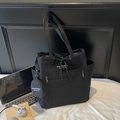 Large black canvas tote bag with drawstring pocket and small round coin purse attachment - Black