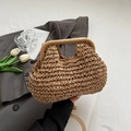 Chic brown cloud-shaped straw tote bag with elegant gold metal chain for beach styling - Khaki