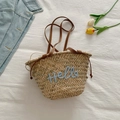 Grande borsa tote in paglia con ricamo Hello blu e manici in pelle marrone - Blu
