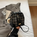 Women's grey plaid bucket bag with black leather trim and soft plush pompom charm - Black with Pendant