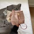 Pink and white checkered bucket bag with leather trim and plush bear charm - Pink with Pendant