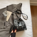 Chic black and grey checkered bucket bag with drawstring closure and golden buckle - Black without Pendant