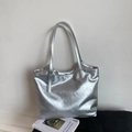 Detailed view of silver metallic leather tote bag with stylish metal adjustment buckle - No Pendant / Silver