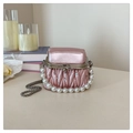 Detail of pink pleated mini bag with pearl handle, rhinestone accents and metal chain strap - Silver