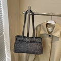 Vintage dark gray washed denim shoulder bag with metal buckles and Y2K aesthetic design - No Pendant / Dark Brown