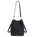 Minimalist black lychee pattern bucket bag with silver hardware and shoulder strap - Black without Pendant