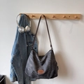 Minimalist washed dark grey canvas tote bag with a brown vintage leather logo patch - Dark Brown
