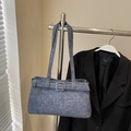 Light blue denim chic underarm bag with silver buckles and large capacity for women - No Pendant / Dark Blue