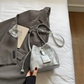 Silver-grey checkered bucket bag with metallic luster and adjustable shoulder strap - Silver No Pendant