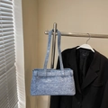 Light blue denim shoulder bag with snowflake texture and chic decorative straps - No Pendant / Blue