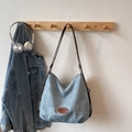Minimalist light blue large capacity tote bag with brown leather straps and vintage style - Blue