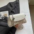 Chic beige leather pleated crossbody bag with silver chain strap and metal ball charm - Off-white Without Pendant