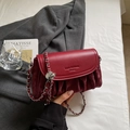 Red pleated leather chain bag with silver ball charm and soft cloud texture design - Wine Red Without Pendant