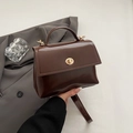 Minimalist coffee brown faux leather crossbody square bag with gold hardware and top handle - Coffee without Pendant