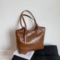 Minimalist brown glossy PU leather tote bag with thick texture and metal buckle detail - No Pendant / Brown