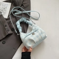 Light blue plaid handbag with cloud pleated handle and cute heart metallic pendant charm - Blue Without Charm