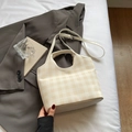 Sac fourre-tout à carreaux crème avec poignée et bandoulière réglable pour femmes - Blanc Cassé Sans Pendentif